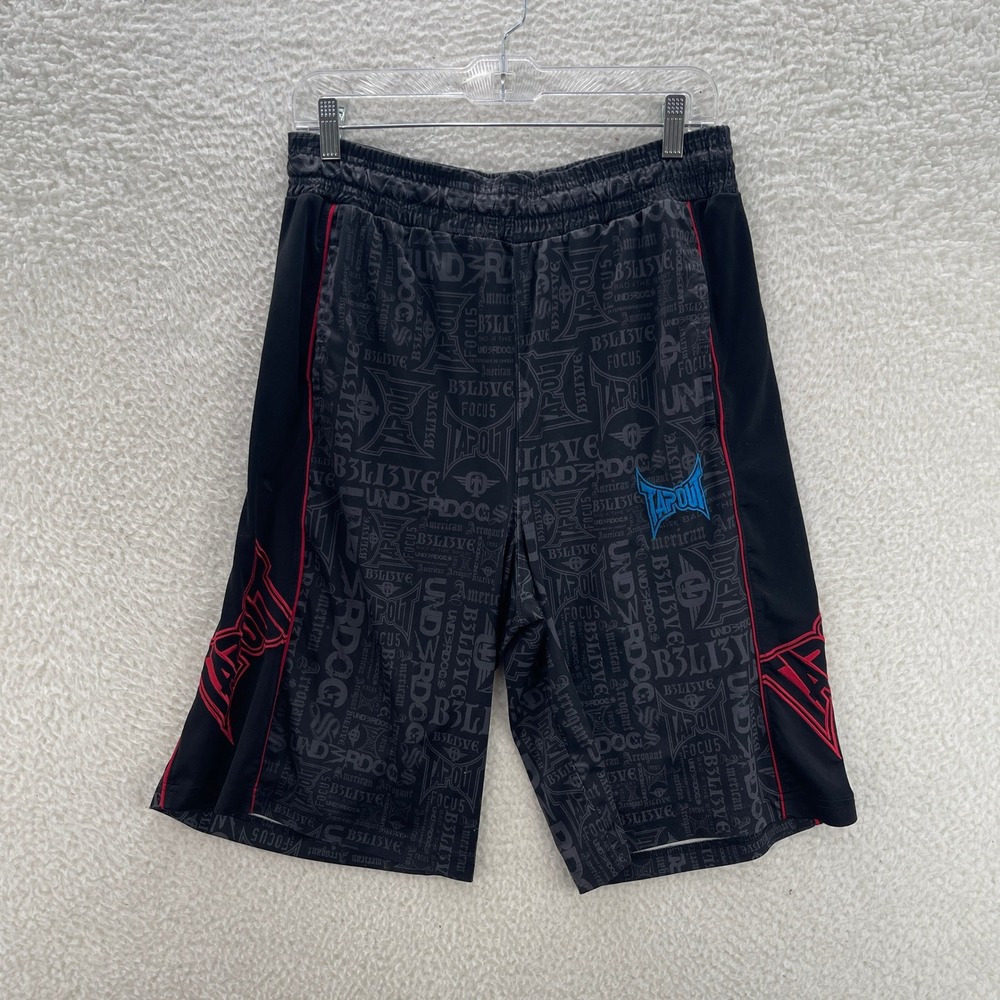 Tapout Shorts Mens Small Black Red AOP MMA Y2K Older Brother Training Logo Gym